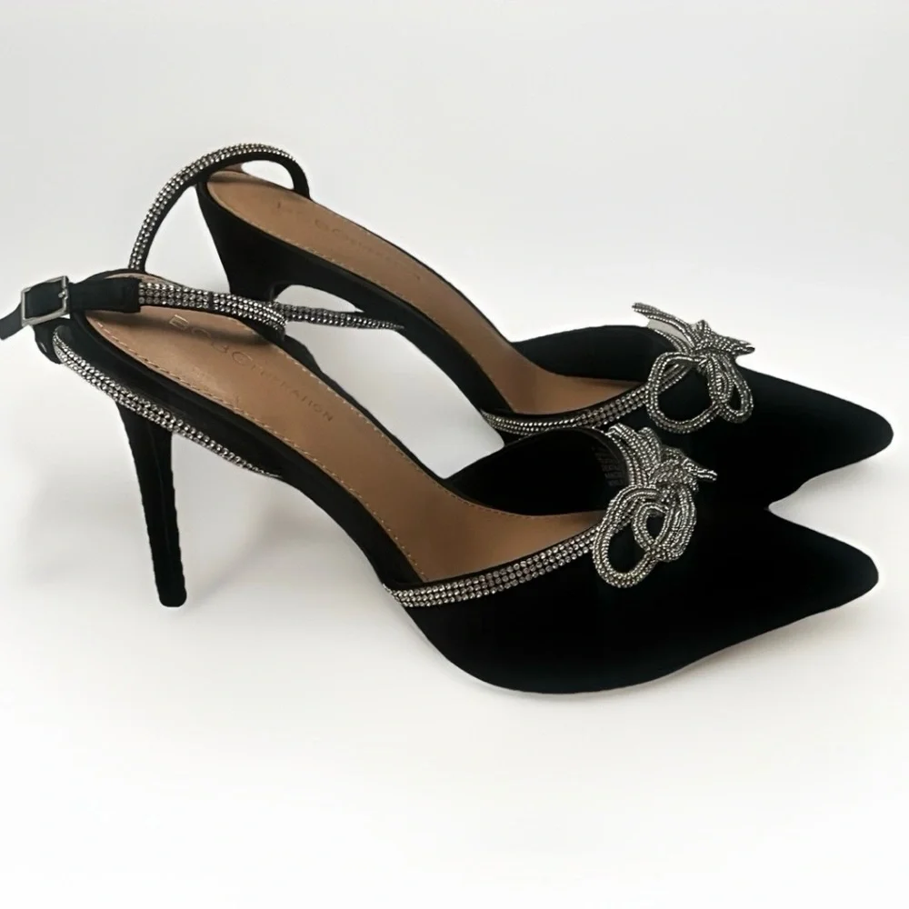BCBGeneration Black Satin Heels Rhinestone Bows Pointed Toe Shoes Womens Sz 9.5